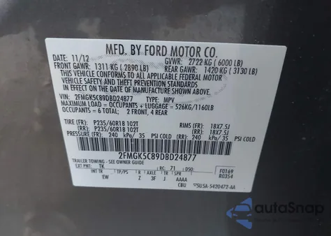 2013 Ford Flex Sel из США, поврежденный, VIN 2FMGK5C89DBD24877